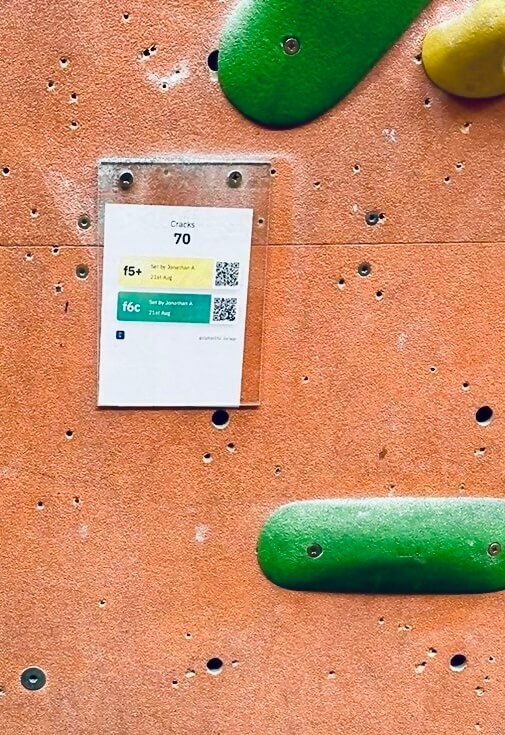 A printed sport climbing line card on a climbing wall, surrounded by holds