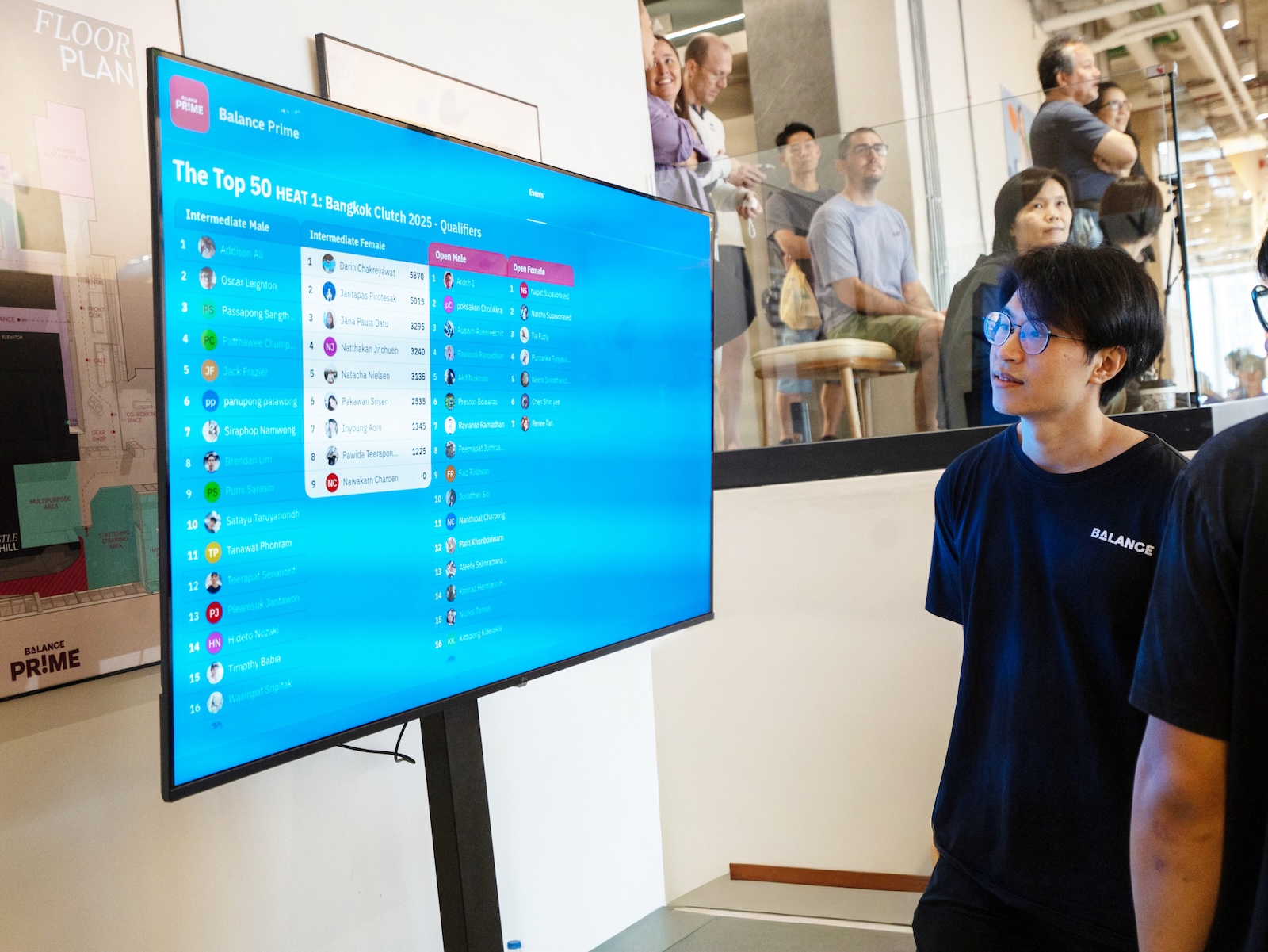 Live leaderboard displayed on a large screen at a climbing event