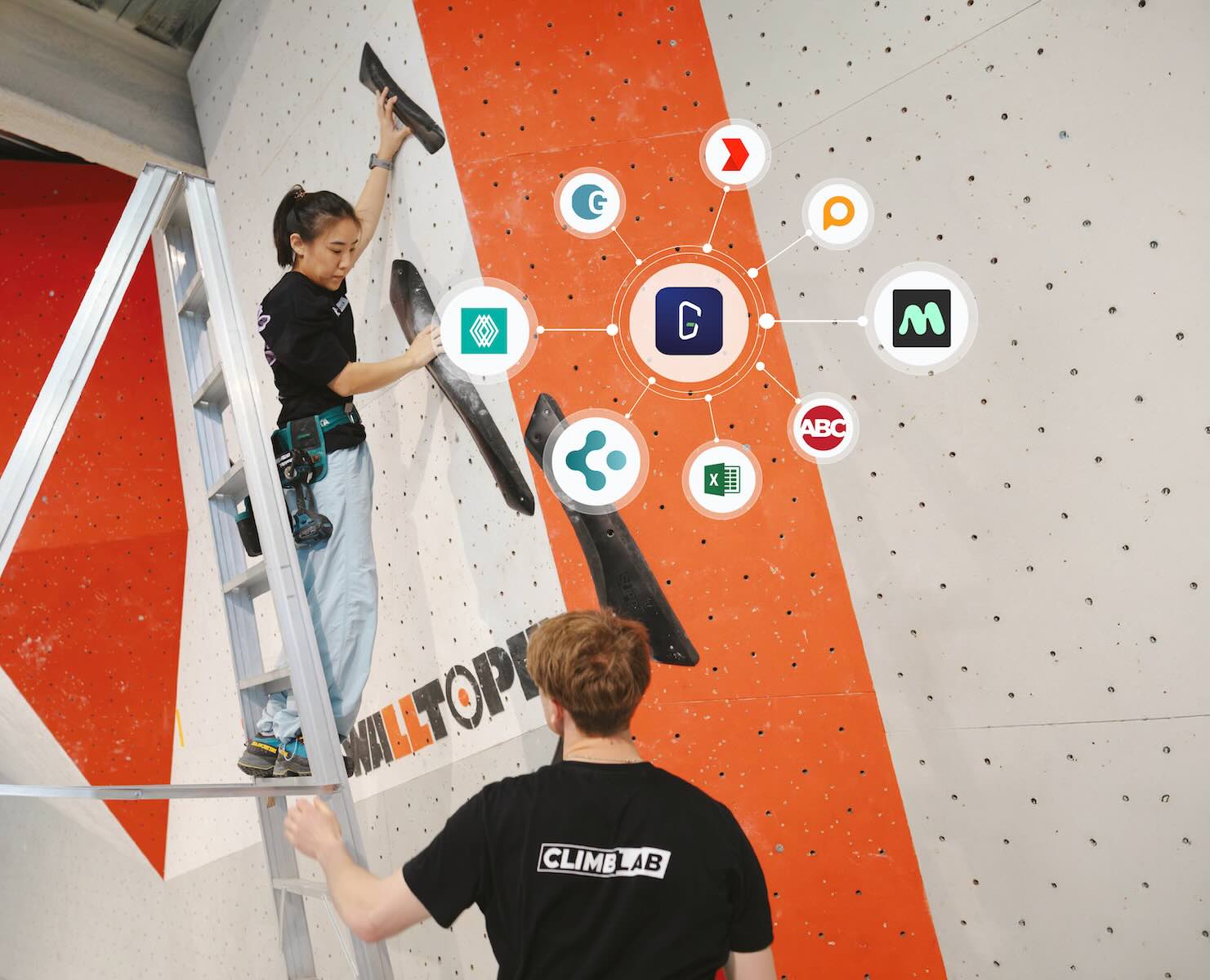 An illustration featuring two route setters working on an indoor climbing wall, overlaid with a digital graphic showing Griptonite in the centre connecting to various third-party integration icons like Google, Excel, and more.