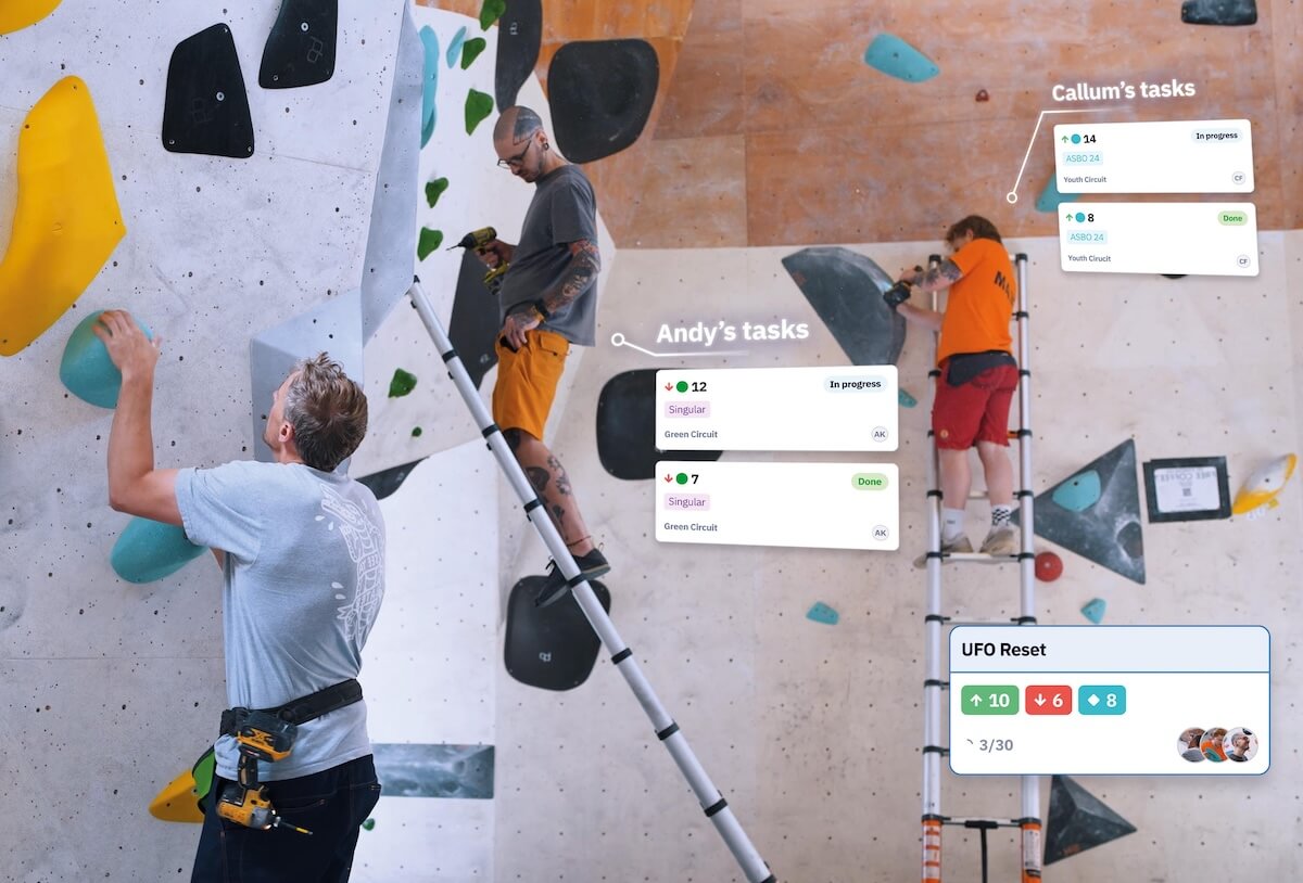 Gym setting team using Route Manager on a wall with task overlays